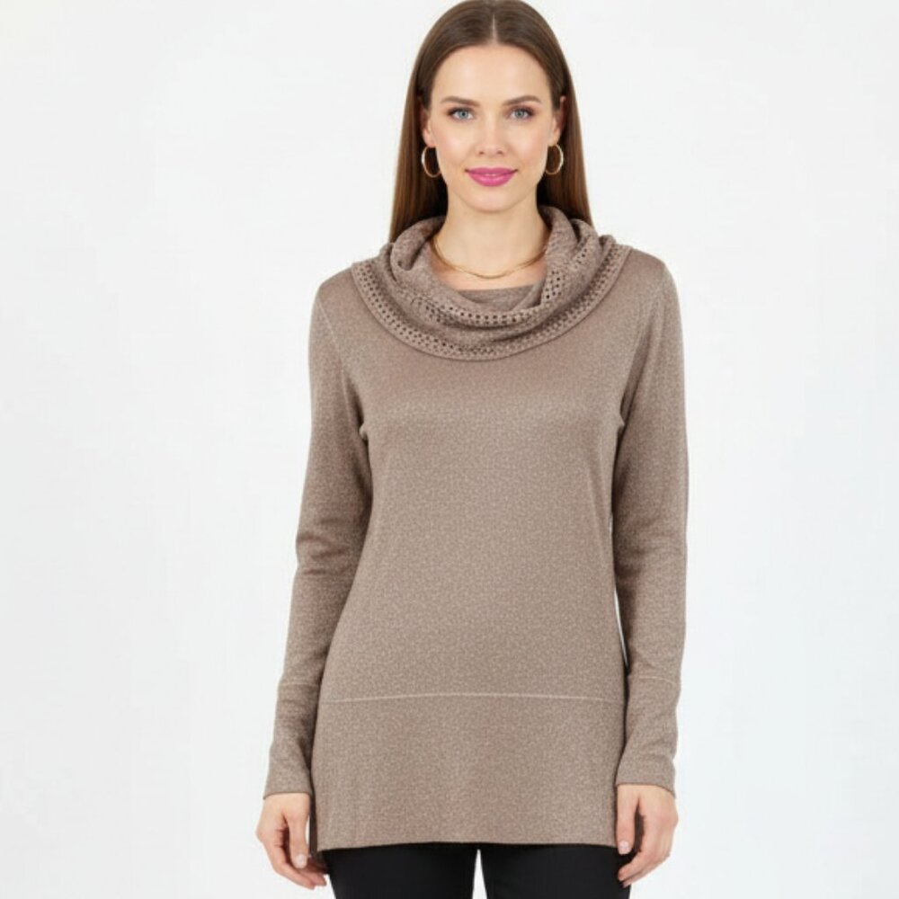Willi Smith Tan & Gold Metallic Cowl Drape Neck‎ Knit Sweater Top L